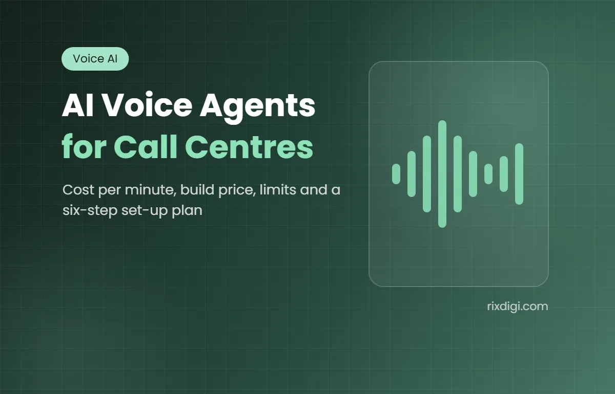 Cover: AI voice agents for call centres, covering cost per minute, build price, limits and a six-step set-up plan