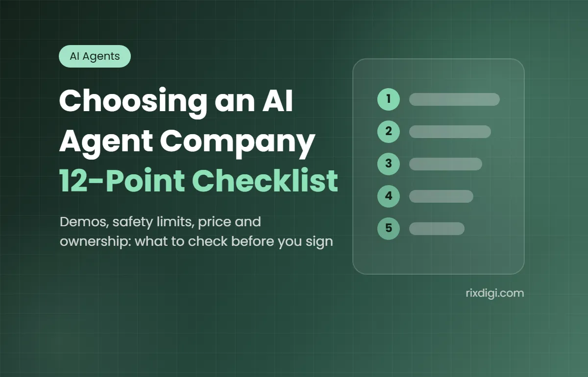 Cover: Choosing an AI agent company, a 12-point checklist covering demos, safety limits, price and ownership